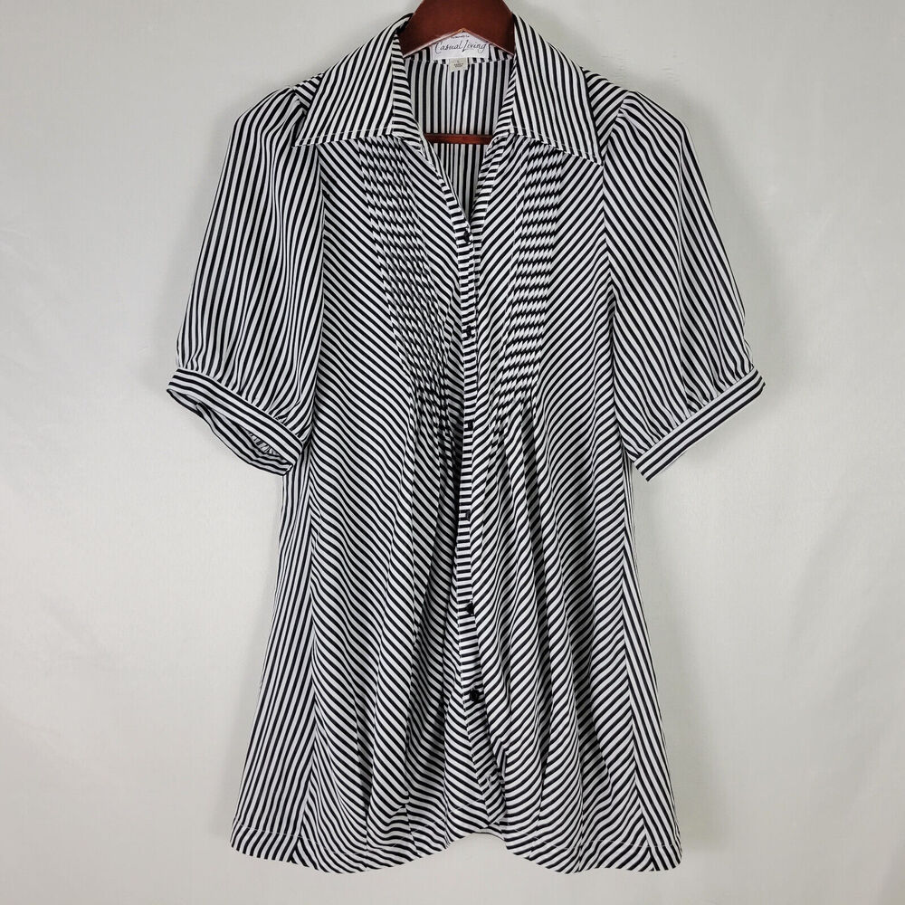 Casual Living Shirt Women Large Top Pleated Stripe 1/2 Sleeve Collared Button Up